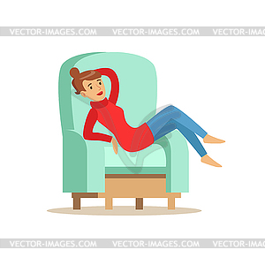 Beautiful girl sitting on light blue armchair, woma - vector clip art