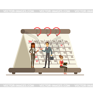 Micro young women and man standing next to giant - vector image