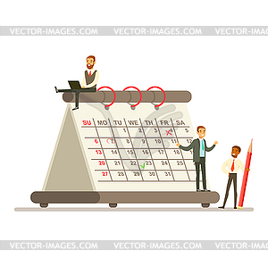 Micro young businesmen wotking next to giant paper - vector clip art