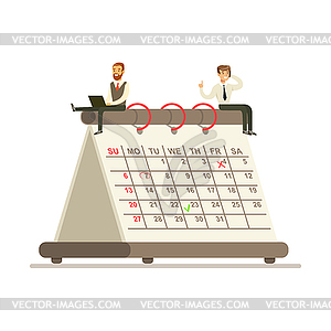 Micro businesmen sitting on giant paper calendar, - vector image