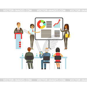 Businesspeople making presentation and explaining - vector image