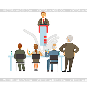 Orator speaking of tribune, business meeting - vector clipart