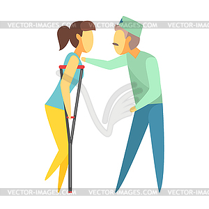 Doctor helping woman walking with crutches. - vector clipart