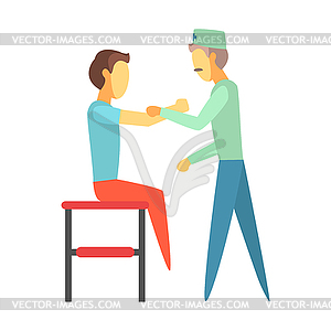 Doctor examining injured arm of young man sitting o - color vector clipart