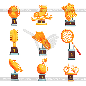 Cartoon golden trophy cups, awards and - vector image