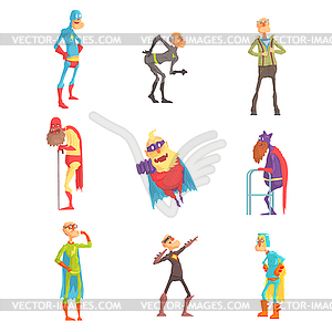 Funny elderly superman cartoon characters in - vector clipart