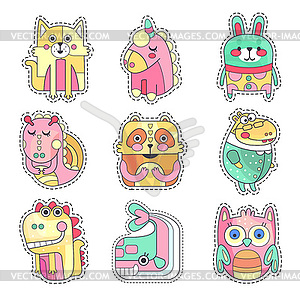 Cute colorful cloth patches with animals and birds - vector image