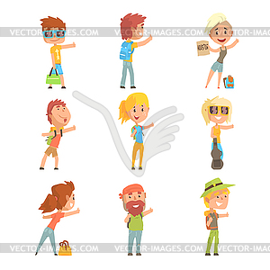 Young tourist people wearing comfy travel outfit - vector EPS clipart