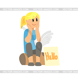 Hitchhiking blonde girl sitting on bag trying to - vector image