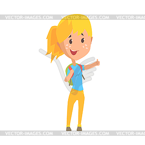 Hitchhiking blonde girl with backpack trying to sto - vector clip art