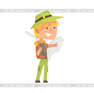 Smiling young man wearing comfy travel outfit with - vector image