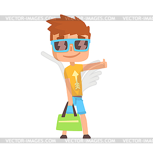 Traveler guy standing with sign hitchhiking, - vector clipart