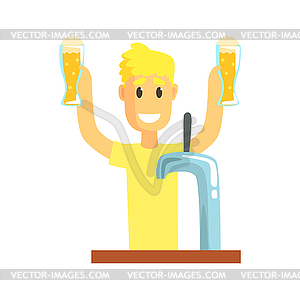 Smiling bartender man character standing at bar - vector image