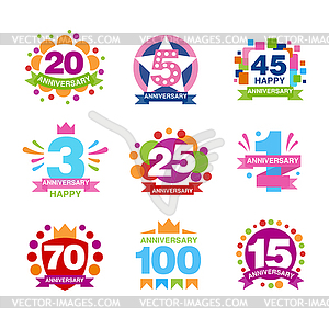 Colorful anniversary birthdays festive signs set, - vector clipart