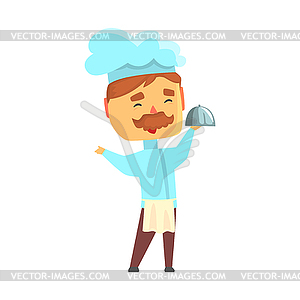 Male chef cook character in uniform holding - vector image