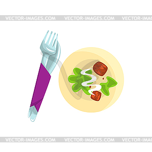 Knife, fork and plate with food cartoon - vector image