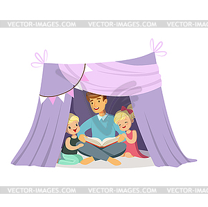 Dad reading book to her children while sitting in - vector image