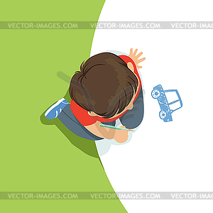 Little boy sitting on his knees and drawing car - vector clip art