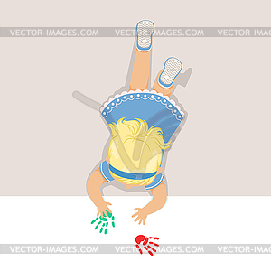 Little blonde girl in light blue dress lying on - vector image