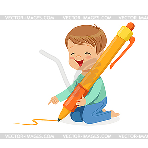 Cute little boy sitting on his knees and writing - vector image