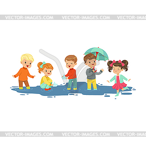 Cute smiling little boys and girls jumping and - color vector clipart