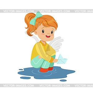 Sweet little girl playing with paper boat in water - royalty-free vector image