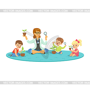 Teacher and kids sitting on floor learning about - vector image