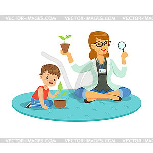 Teacher and little boy learning about plants - vector clipart