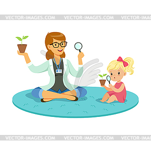 Teacher and little girl sitting on floor and - color vector clipart