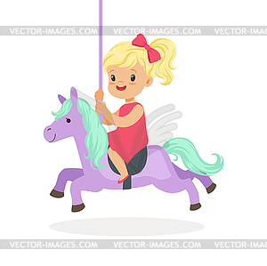 Cute little blonde girl riding on carousel horse, - vector image