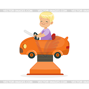 Cute blonde little boy riding on an orange car, - vector image