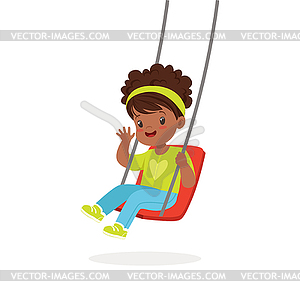 Cute little girl playing swing, kid have fun on - stock vector clipart