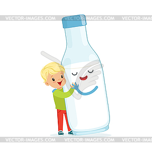 Cute blonde little boy and funny milk bottle with - vector clipart