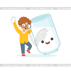 Cute redhead little boy and funny milk glass with - vector image