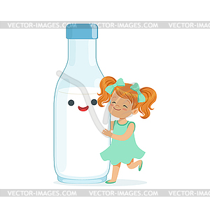 Cute redhead little girl and funny milk bottle - vector clipart