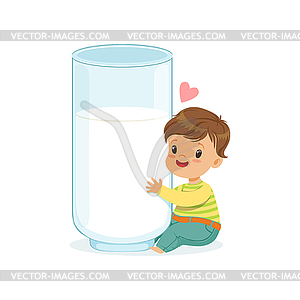 Cute little boy hugging giant milk glass, healthy - vector clipart