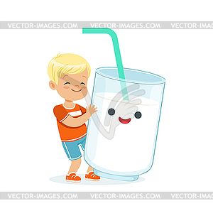 Cute blonde little boy and funny milk glass with - vector EPS clipart