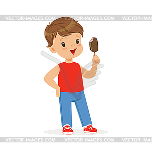 Cute little boy character feeling happy with his ic - vector image