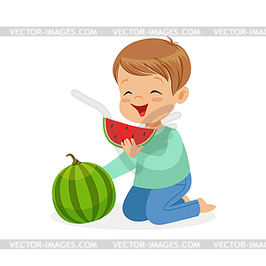 Cute little boy character enjoying eating watermelo - vector image