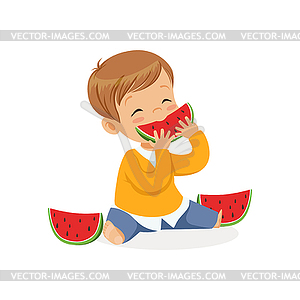 Симпатичный маленький мальчик характер, наслаждаясь есть watermelo - иллюстрация в векторном формате