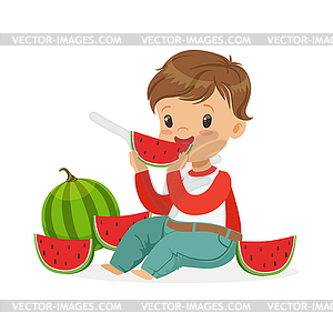 Cute little boy character sitting on floor and - vector clipart