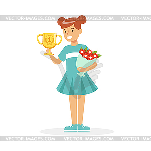 Happy school girl holding winner cup and bouquet - vector clipart