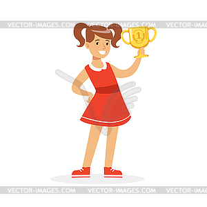Happy school girl in red dress holding winner cup, - vector clipart