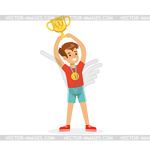 Young athletes boy holding winner cup, kid - vector clipart