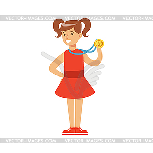 Young girl un red dress with first place medal, - vector clip art