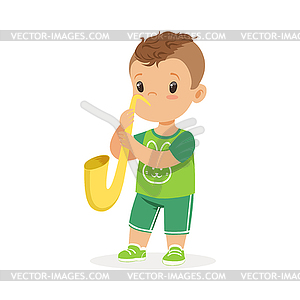 Cute little boy playing trumpet, young musician wit - vector image