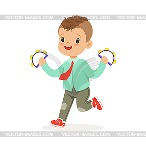 Cute little boy playing handbell tambourine, young - vector clipart