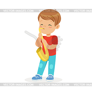 Симпатичный маленький мальчик, играющий на трубе, молодой умник - векторное графическое изображение
