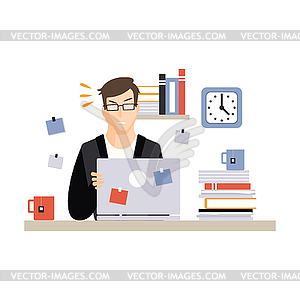 Stressed busy young businessman character sitting a - stock vector clipart