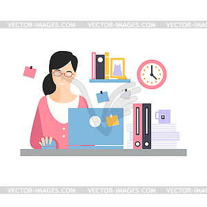 Elegant businesswoman character working with - vector clipart